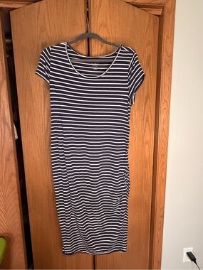 Maternity Striped Navy and White Short Sleeve Midi Dress